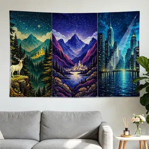 Fantasy Mountain Deer Forest Cityscape Wall tapestry,Large size Printed Horizontal Tapestry blanket,Polyester Fabric Wall Hanging for living room,bedroom,No Installation Required,Indoor,Outdoor,Gift for Family and Friends