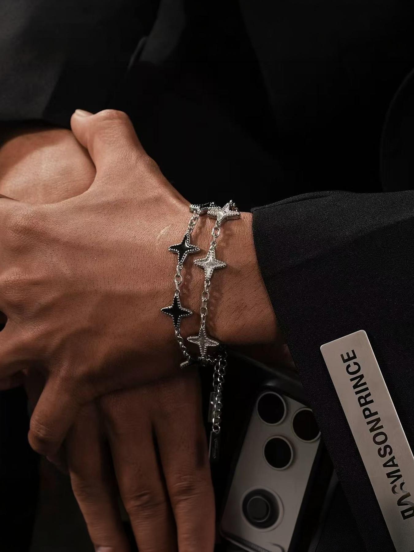 Four-pointed star bracelet, a niche design for men and women, made of titanium steel, featuring a light luxury and high-end feel, suitable for stacking, #Couple's Style# Jewelry/Stainless Steel/Fade-resistant/Allergy-proof/Festivals/Parties/Ideal Gift