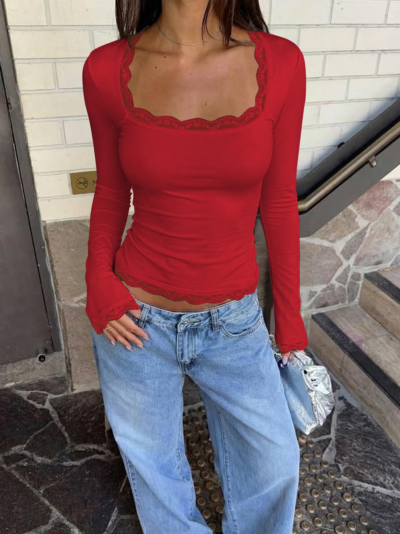 Women's Square Neck Top, Solid Lace Trim Long Sleeve T-Shirt, Elegant Chic Plain Flared Sleeves Slim Fit Crop Top for Spring, Fall and Winter, Womenswear, Blouses Shirts Tops, Casual Elegant Classy, Perfect for Parties, Dates and Everyday Wear