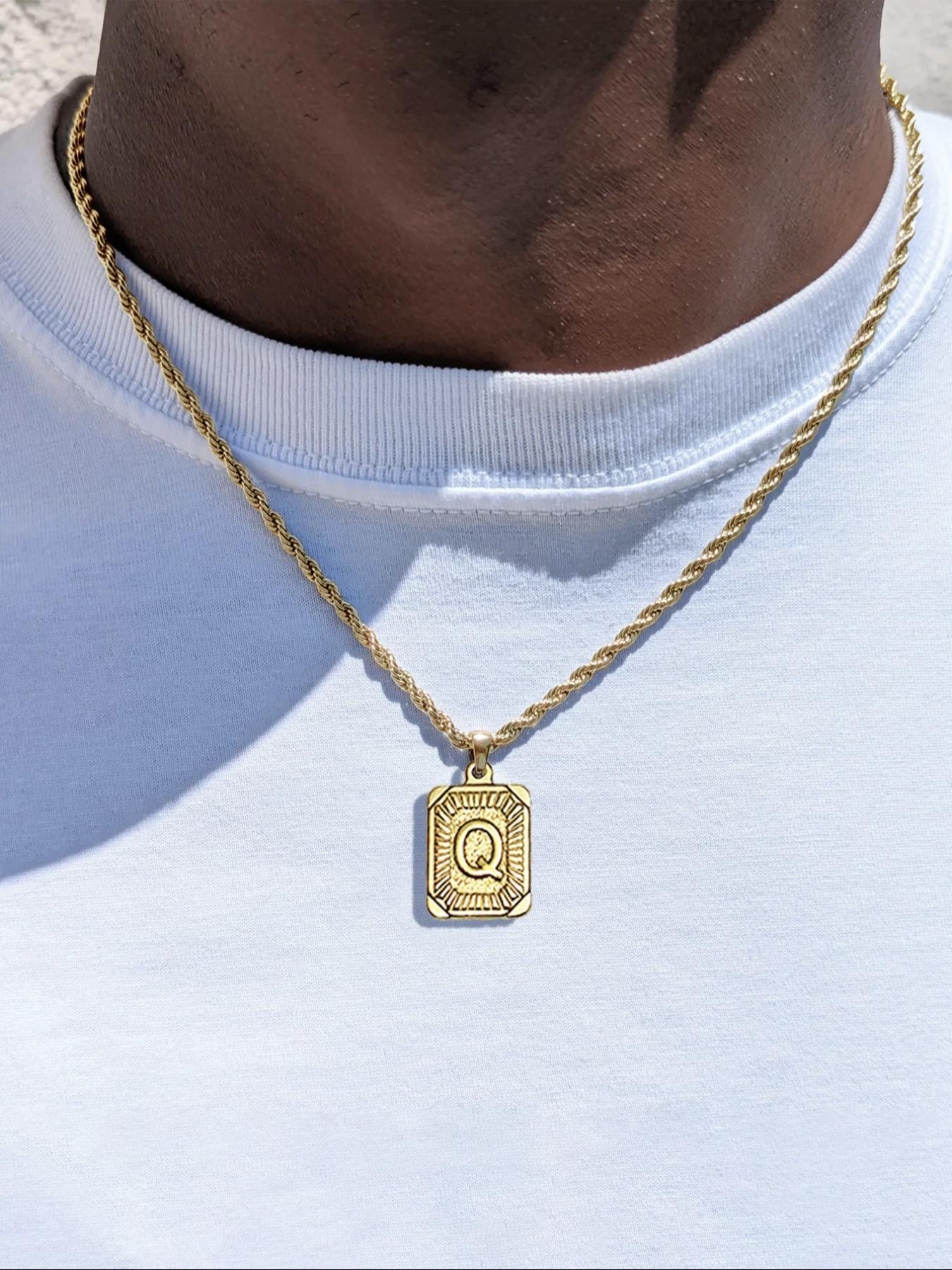 Men's Stainless Steel Necklace with Square Pendant and Initial Letter, Personalized A-Z Design, Rope Chain Jewelry, Fashion Accessory, Exquisite Jewelry Gift