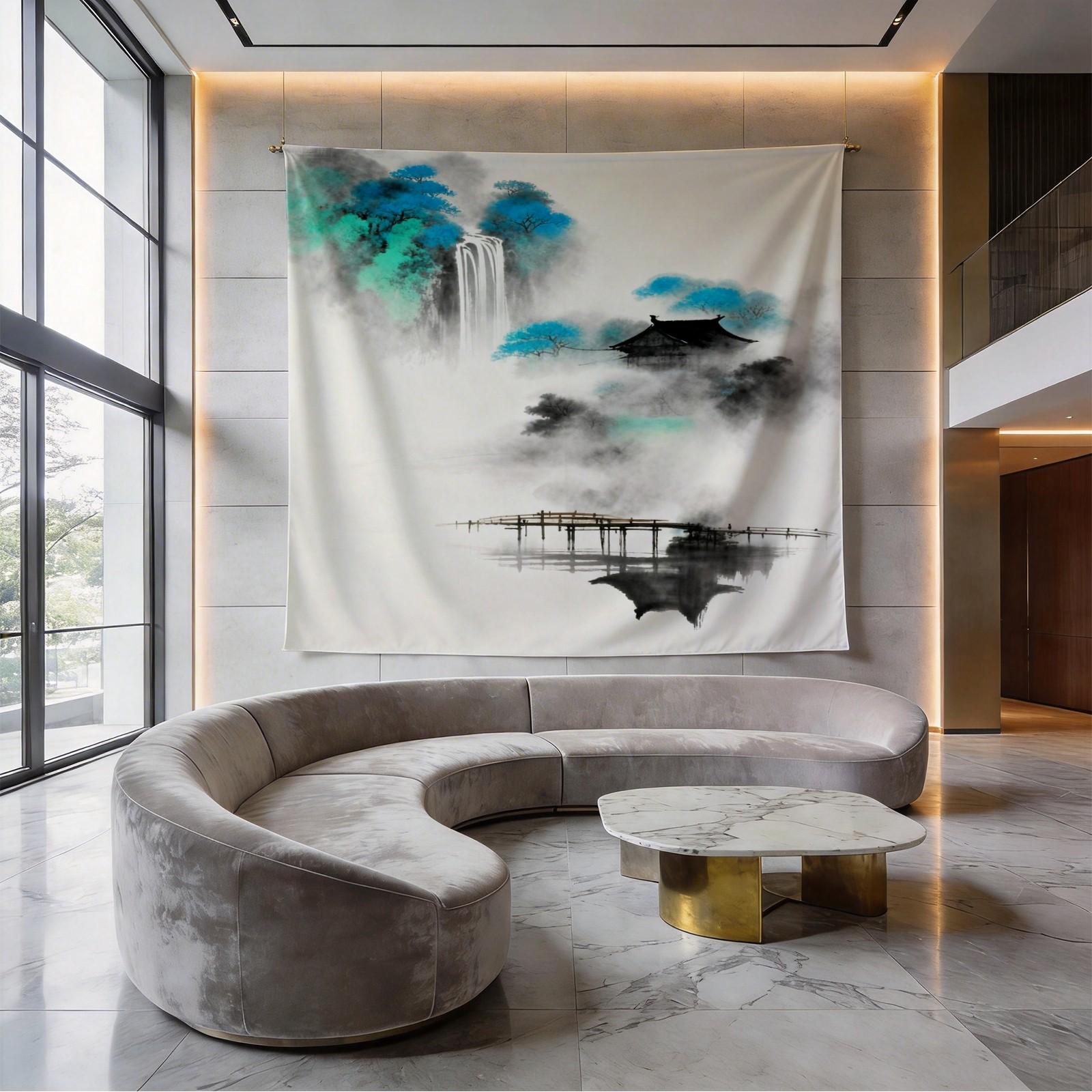 1 Piece Asian Ink Wash Mountain Landscape Printed Tapestry, Ink Wash Style Wall Hanging, HD Digital Print Living Room Bedroom Wall Tapestry, Fadeless Machine Washable Wall Decor, Multi-Purpose All-Season Tapestry for Living Room Bedroom