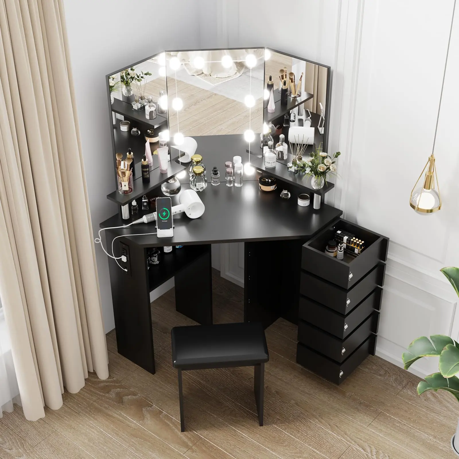 Garvee LED Lighted Makeup Vanity Desk with 3-Color Adjustable Mirror, Power Outlet & 5 Rotating Drawers – White Corner Dressing Table with Stool for Bedroom