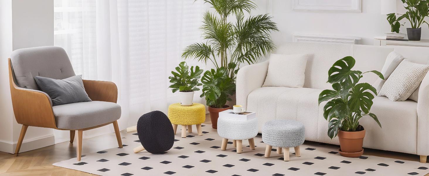 Pouf Ottoman, 100% Cotton Knitted Boho Footstool, Round Footrest with Non-Skid Wood Legs, Home Décor Handmade Pouffe, Leisure Floor Step Stool for Living room