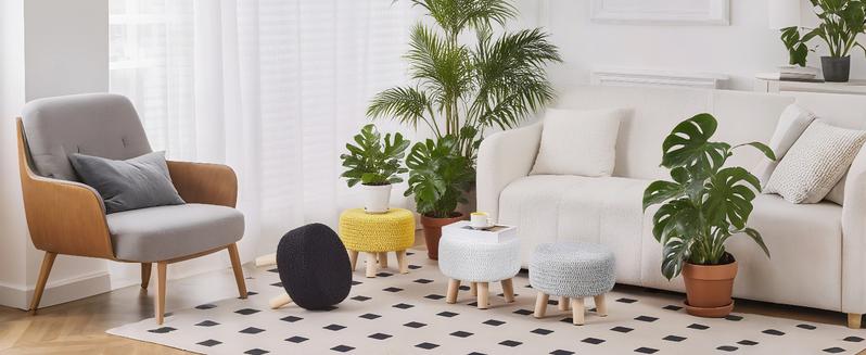 Pouf Ottoman, 100% Cotton Knitted Boho Footstool, Round Footrest with Non-Skid Wood Legs, Home Décor Handmade Pouffe, Leisure Floor Step Stool for Living room