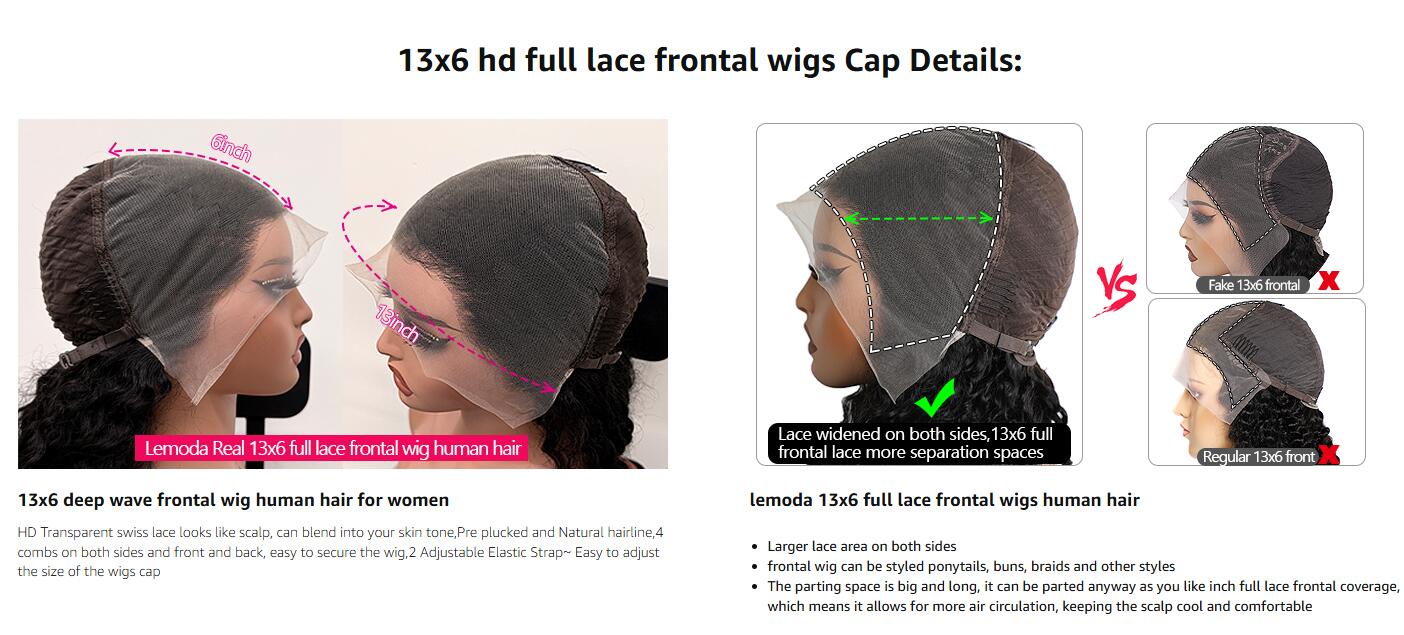 Lemoda Deep Wave 13x6 Full Lace Frontal Wig Human Hair 200% Density Lace Pre Plucked HD Transparent Lace Wig Human Hair Curly Wig Human Hair