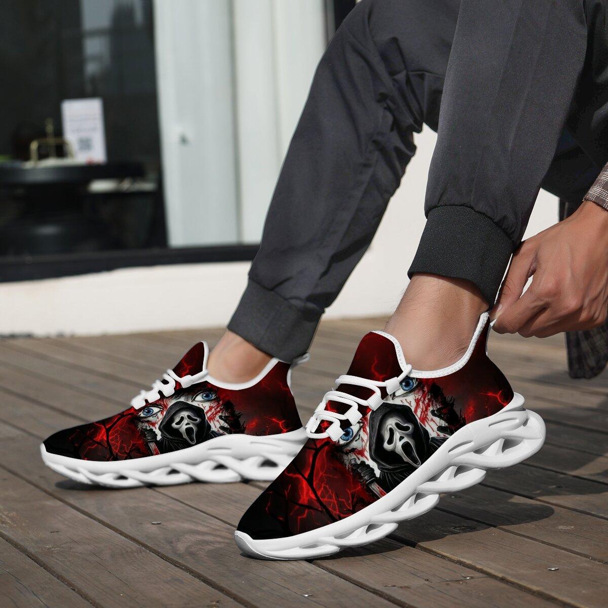 Men Women Halloween Horror Mask Print Sneakers Breathable Mesh Lace Up Blade Type Walking Shoes Lightweight Casual Sports Footwear Outdoor Walking Shoes Holiday Gift