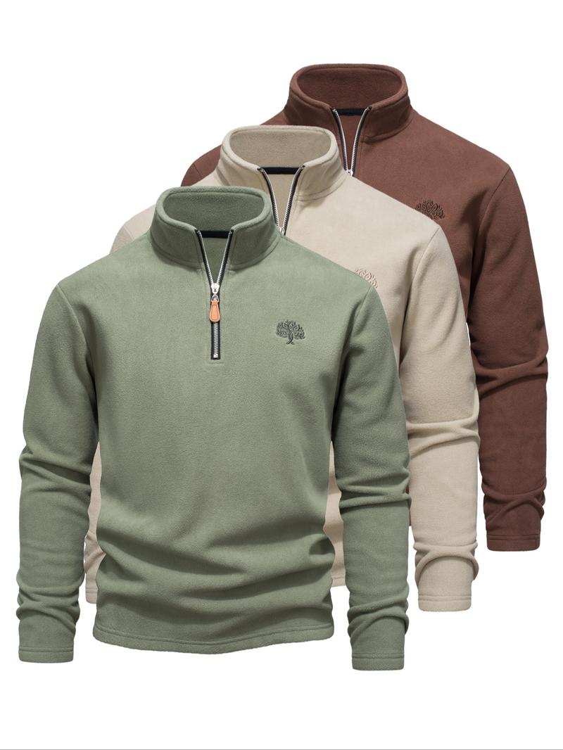 Men's Solid Zip Up Half Placket Fleece Sweatshirt, Regular Fit Casual Long Sleeve Stand Collar Pullover for Outdoor Hiking, Men's Sportswear for Fall & Winter, Gym Sweatwear