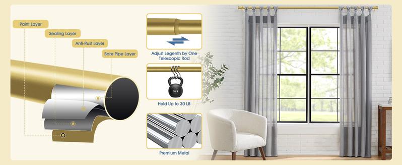 Curtain Rods for Windows, 1 Inch Curtain Rod Set, Heavy Duty Drapery Rods with Adjustable Curtain Rods, Outdoor Curtain Rod with Simple End Caps, Room Divider Curtain Rod, Gold Outdoorfun Interior Decoration Accessories