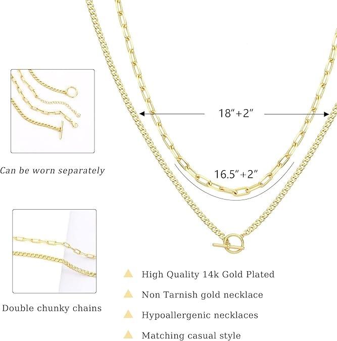 Tewiky 2-Layered 14K Gold/Silver Plated Necklaces for Women, 14K/Silver Plated Dainty Gold Chain Necklace Women Trendy Cuban Link Paperclip Chain Toggle Clasp Necklace Fashion Chunky Jewelry for Women Daily Wear For Valentine's Day gifts