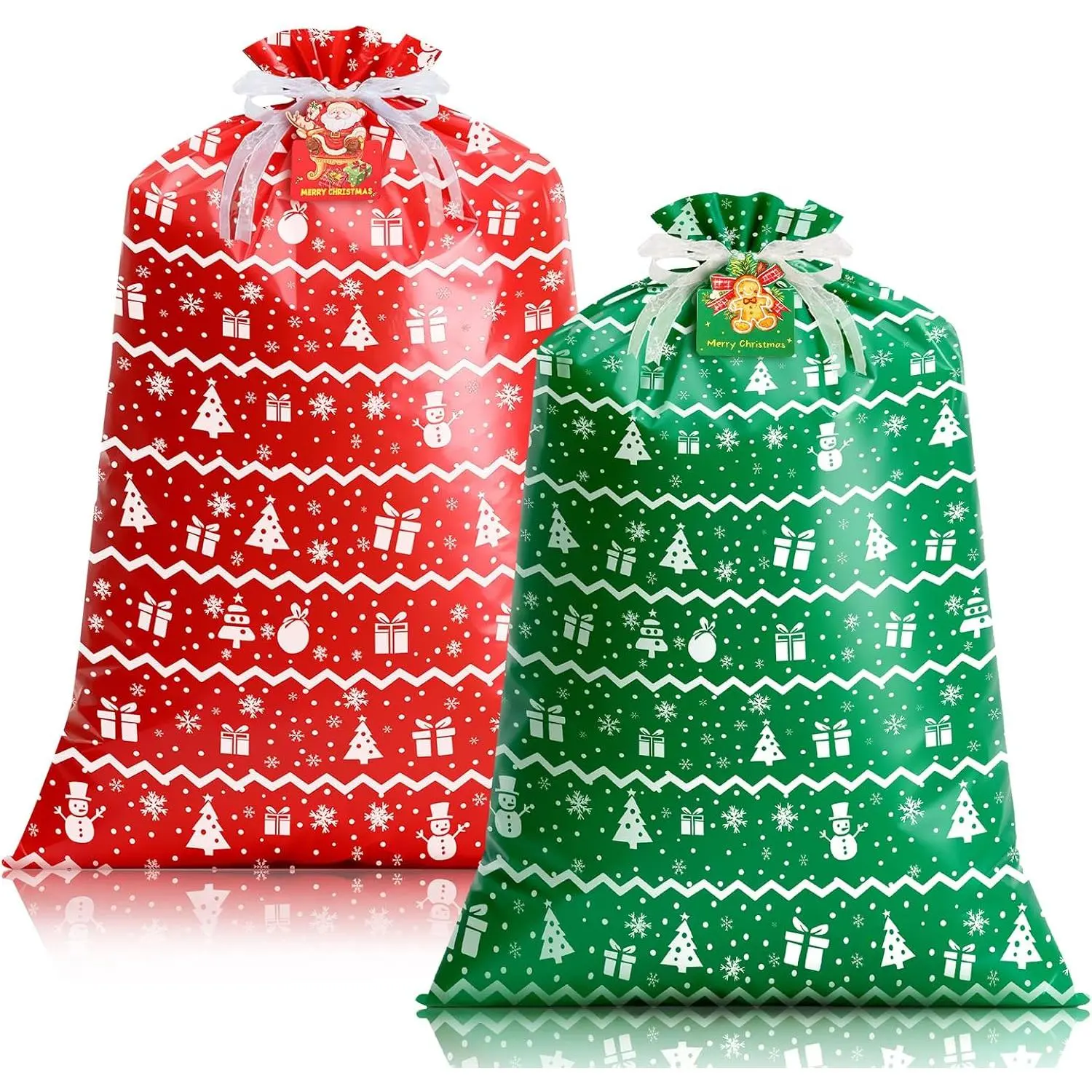 2-Pack Large PE Plastic Christmas Santa Sacks for Holidays Gift Wrapping, 44" x 36" | Bags with Tag & Drawstring Tie for Big Size Presents