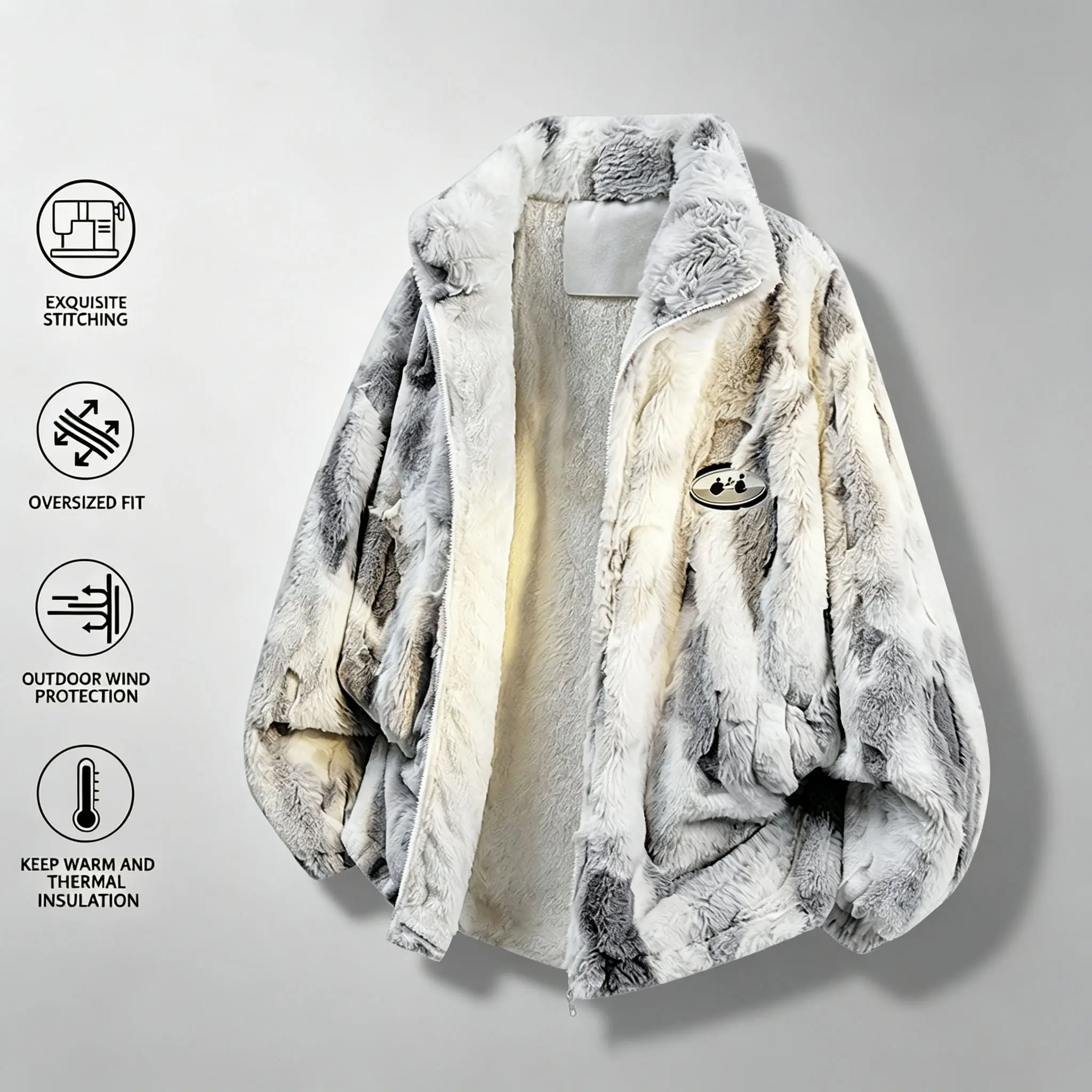 Men's Tie Dye Fuzzy Fleece Jacket, Oversized Stand Collar Zip Up Plush Coat, Windproof Warm Sherpa Lined Outerwear, Heavyweight Loose Fit Winter Fluffy Jacket, Trendy Streetwear, Cold Weather Casual Outer Coat for Men Daily Outdoor Wear