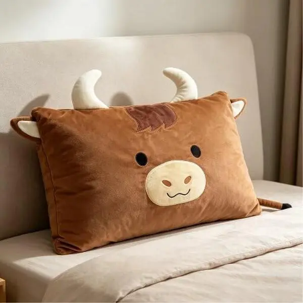 Kids Plush Pillowcase Animal Cow Pillow Pals Brown Soft Cover for Beds and Nap Time Travel Pillows Bedroom Home Furnishing Gifts-Brown, 26*20Inches