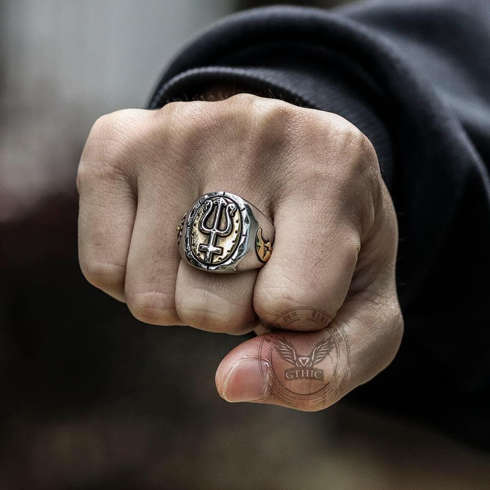 GTHIC Unisex Trident of Poseidon Petrine Cross Ring Stainless Steel Bold Jewelry for Daily Wear