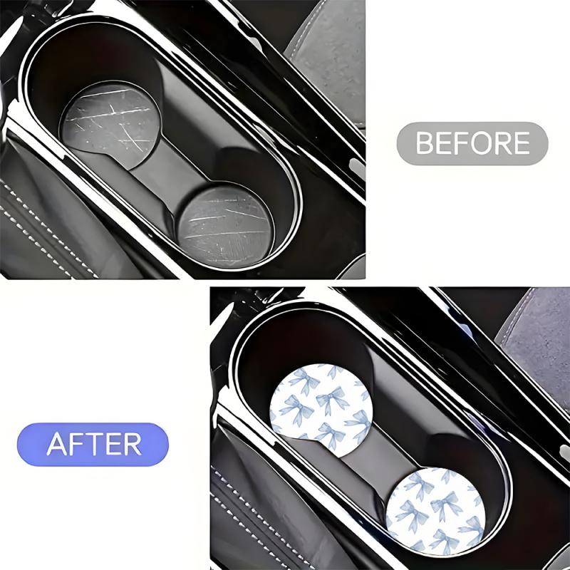 2 Blue Bow Pattern Coasters - Absorbent Non-Slip Car Cup Holders with Cute Floral Design, Durable Rubber Material, Perfect for Vehicle Interior Decor, Car Cup Holder Decor
