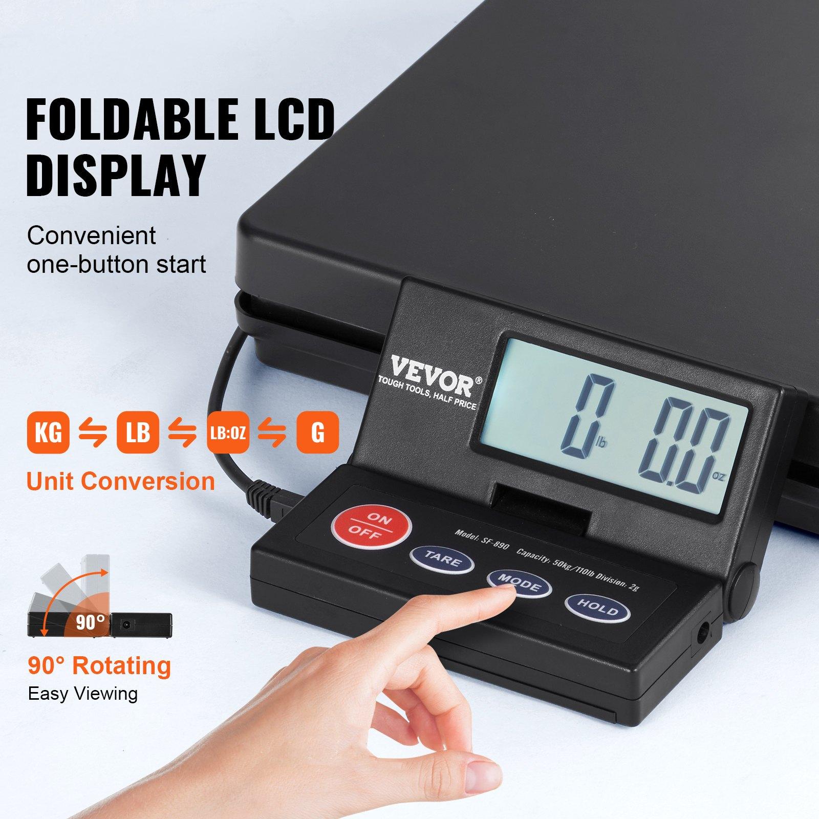 VEVOR Digital Shipping Scale, 110 lbsx 0.07 oz. Heavy Duty Postal Scale with Timer, Tare, Hold Function, 90 Foldable LCD Screen Package Scale for Laggage, Home, Post Office, AC/DC Powered, FCC Liste, Abs Plastic, Foldable Screen