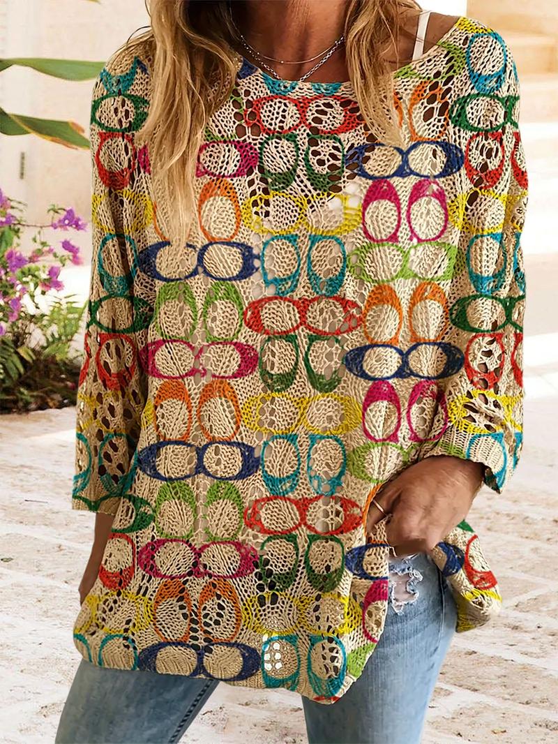 Geometric Colorblock Long Sleeve Knit Top, Casual Elegant Vacation Style Sweater, Knitwear, Loose Batwing Shoulders, Spring Summer Fall Women's Clothing