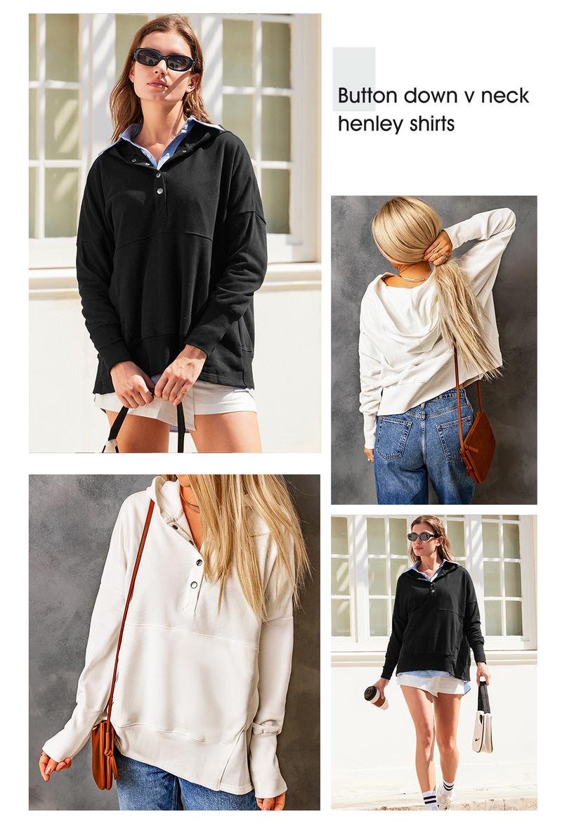 EVALESS Women's Casual Oversized Sweatshirts Hoodies Basic Button V Neck Long Sleeve Hooded Cotton Breathable Henley Pullover Tops 2026 Womenswear Winter Fall Outfits Clothes with Pockets