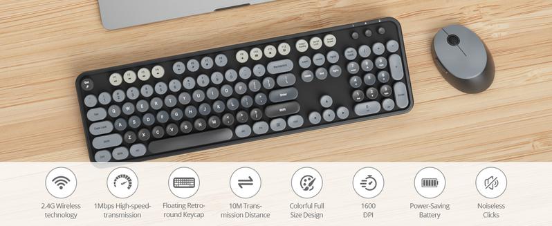 Wireless Keyboard and Mouse Combo, Cute Keyboard and Mouse, Full Size Typewriter Keyboard with Number Pad, Retro Round Keycaps, USB 2.4GHz Connection for Windows PC Laptop