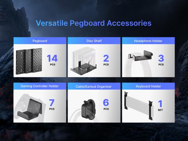 Pegzone Controller and Headphone Holder Wall Mount, Modular Gaming Pegboard with Accessories, Controller Stand for Xbox PS5 PS4 Switch, Video Game Storage, Disc Shelf Organizer, 7pcs/14pcs Pegboard