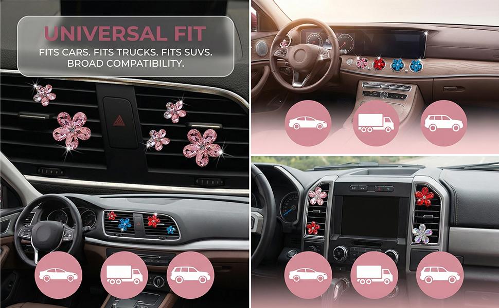 Bling Daisy Flower Car Air Vent Clips, 5PCS Sparkling Crystal Rhinestone Cute Vehicle Air Conditioning Clamp, Diamond Auto Air Outlet Clip Decor for Women Girls, Universal Fit (Pink)