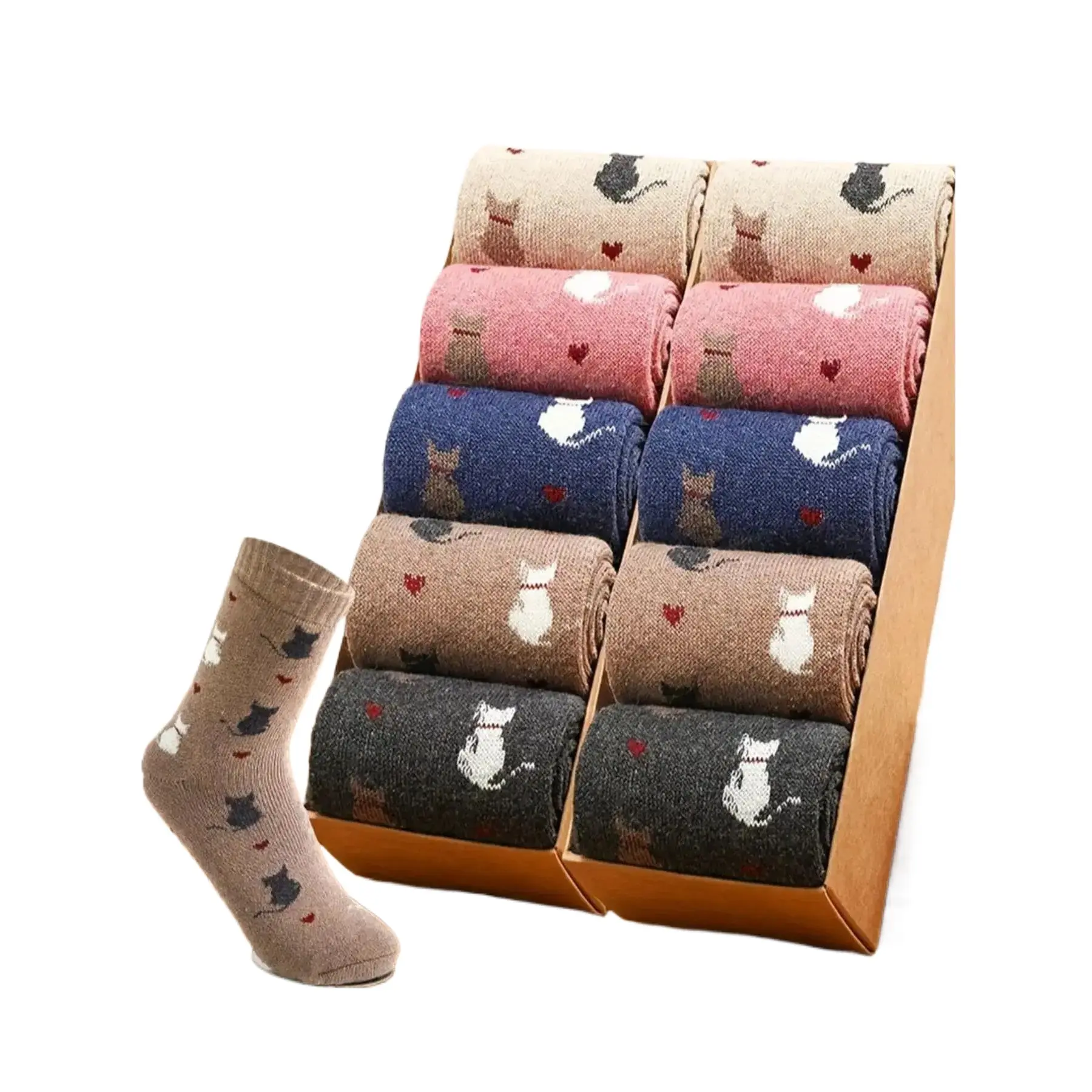 Women's Winter Warm Socks, Cute Cat Pattern Mid-Calf Knitted Socks, Cozy Fuzzy Plush Socks for Women, Soft Stretchy Comfy Fit, Casual Animal Print Socks for Home, Lounge, Daily Wear & Travel