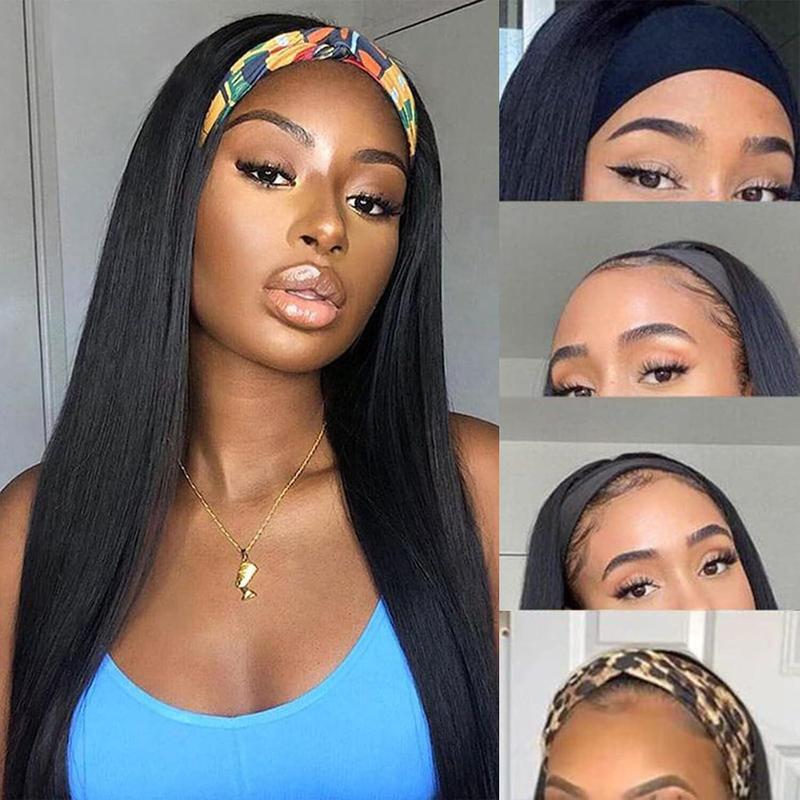 28 Inch 250% Density Headband Wig Blended Human Hair Straight Machine Made Wigs None Lace Front Wigs Glueless Human Hair Wig for Women Natural Color
