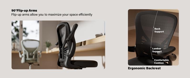 Ergonomic Office Chair, Mesh Desk Chair with AdjustableLumbar Support and 3D Flip-up Arms, Computer Chairwith Wheels, Black, Computer Desk Chair, ErgonomicOffice Desk Chairs with Mesh Back, Adjustable LumbarSupport, Rocking Function