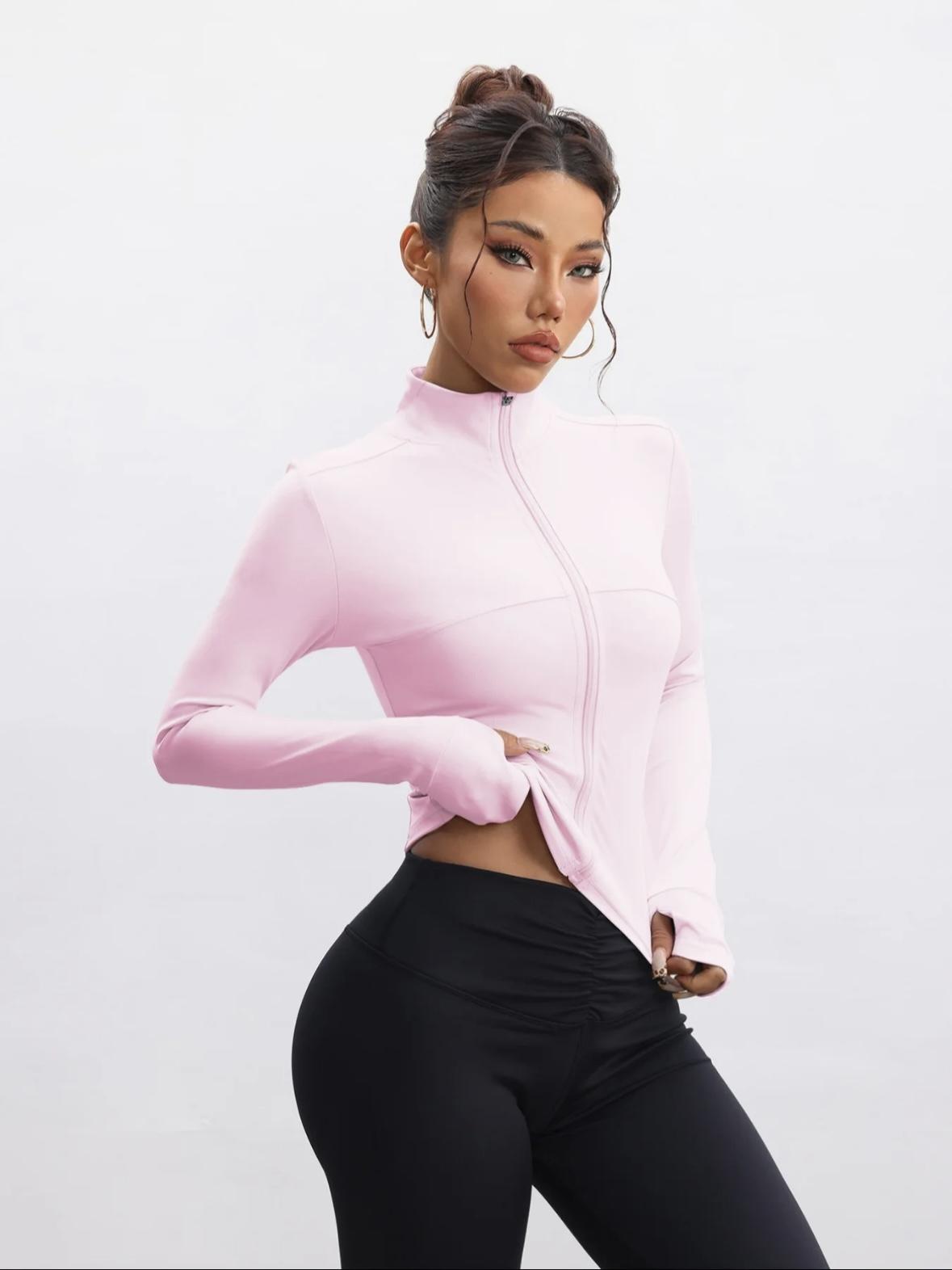 Women's Ultra-Soft Lightweight Full Zip Solid Zipper Front Yoga Jacket, Casual Fitted Jacket, Long Sleeve Stand Collar, Slim Fit Casual Sports Top, Comfortable Fashion Design