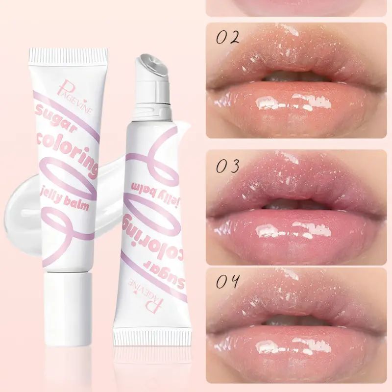 PAGE VINE sugar coloring jelly balm, 4 colors macaron squeeze tube lip jelly, sheer glossy glass plump lips, lightweight hydrating daily lip balm, perfect for bare face, office commute & lipstick primer