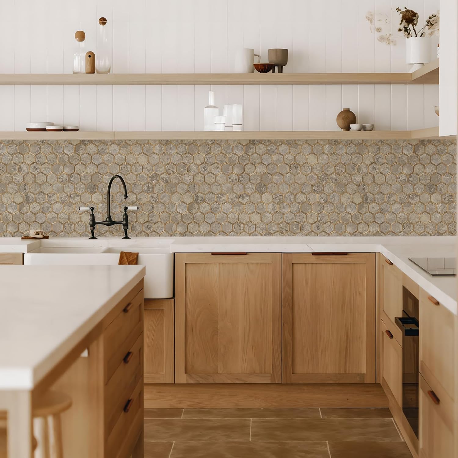 STICKGOO 10Pcs Water Proof Hexagon Peel and Stick Backsplash, Wall Decor Decorations Supplies Stick on Backsplash for Kitchen/Bathroom - White Marble