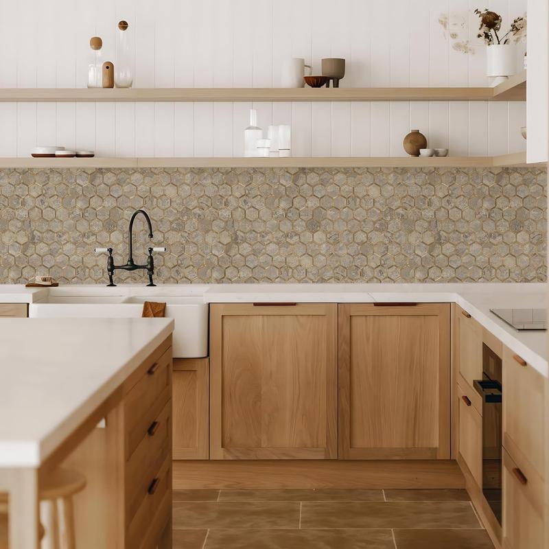 STICKGOO 10Pcs Water Proof Hexagon Peel and Stick Backsplash, Wall Decor Decorations Supplies Stick on Backsplash for Kitchen/Bathroom - White Marble