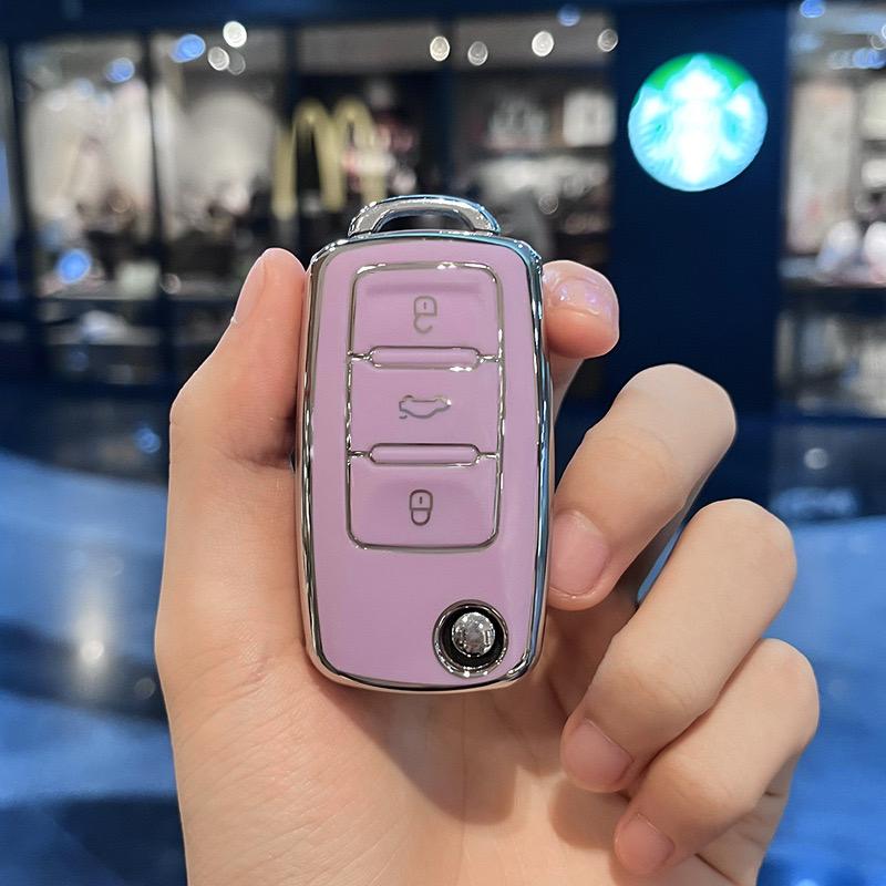 TPU Car Key Case with Keychain, Fashionable Car Key Protector for VW Volkswagen Polo Golf Passat Tiguan Beetle Caddy T5 Up Eos For Skoda Octavia Seat Leon Altea，Women Gift, Car Key Accessory