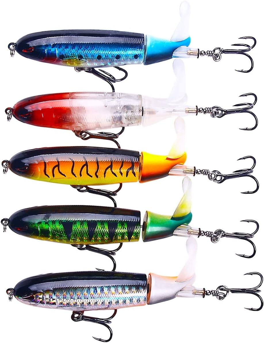 Topwater Fishing Lure Set - Whopper Popper, Floating Pencil Bait, Rotating Tail Lure with Storage Box for Bass, Fresh/Salt Water Fishing