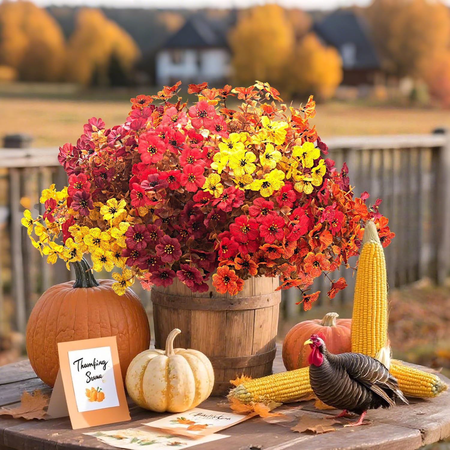 12 Bundles UV Resistant Artificial Fall Flowers for Outdoor - No Maintenance Thanksgiving Decor with Orange Blooms, Faux Silk & Plastic Plants, Fake Flower Plants for Porch, Yard (Fall Coffee Mix)