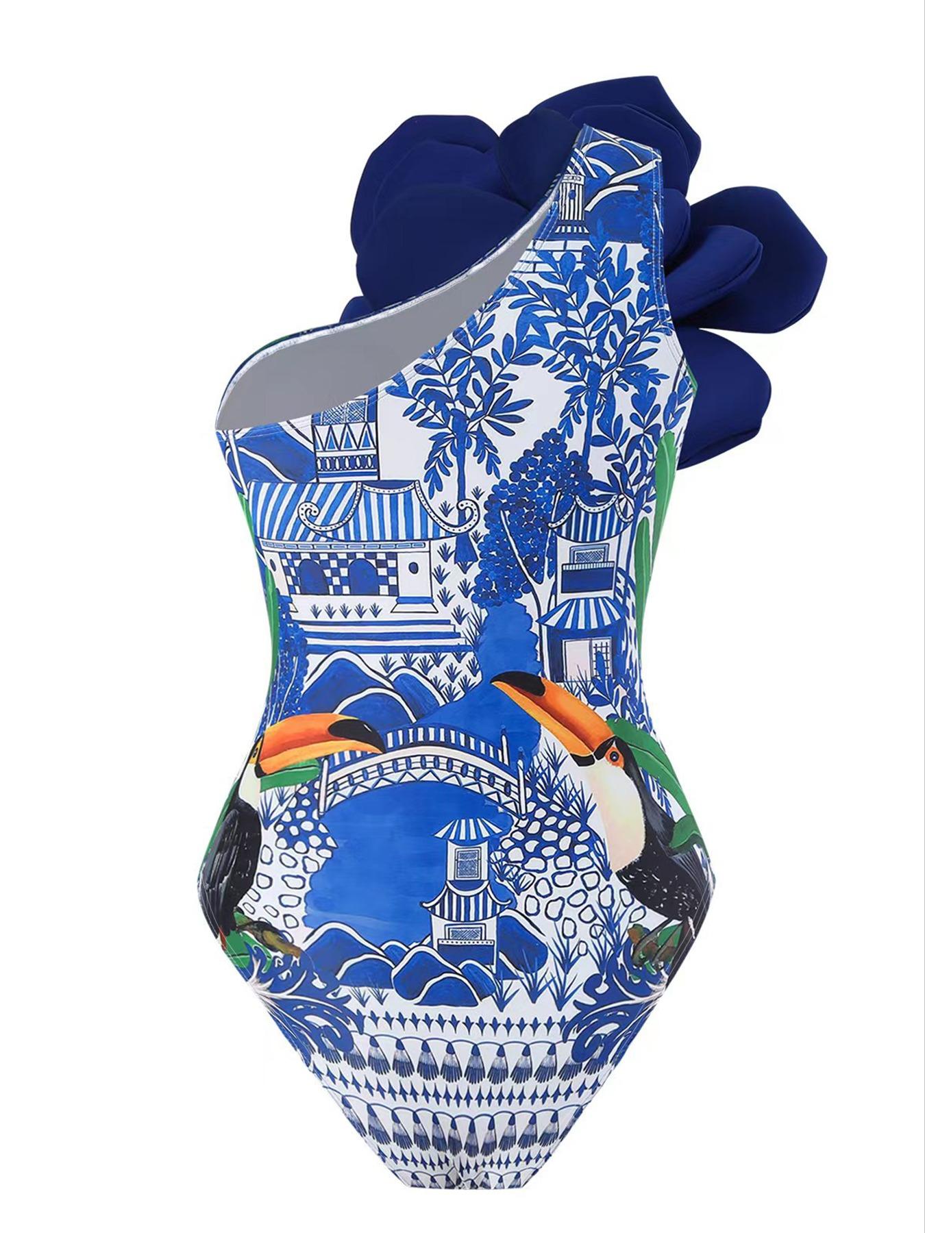 Two Counts Women's Tropical Print Flower Decor One-piece Swimsuit & Cover Up Skirt Set for Spring, Summer Clothes Women One Shoulder Beach Swimsuit & Knot Wrap Skirt Set, Tummy Control Swimswear, Girly Clothes