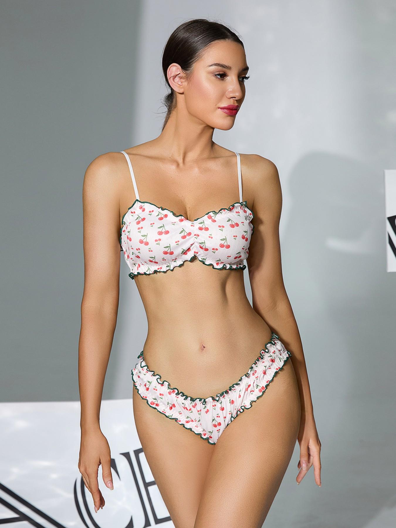 Women's Sweet Cherry Print Halter Top Bikini, Fresh Ruffle Edge, Summer Vacation Sexy Two-Piece Swimsuit, Trendy Beachwear