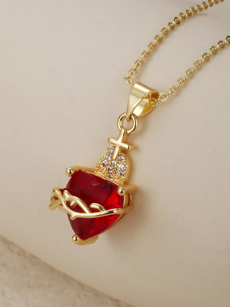 Vintage Heart Cross Pendant Necklace with Zircon, Fashionable Elegant Women's Jewelry, Perfect Valentine's Day Gift, Heart Design Necklace