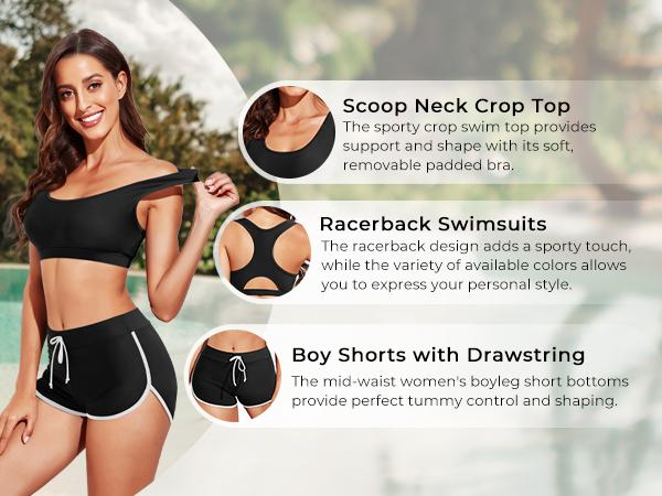 Tempt Me Women Two Piece Sports Bikini Athletic Swimsuits Racerback Crop Top with Boy Shorts Bathing Suits for Girls Vests