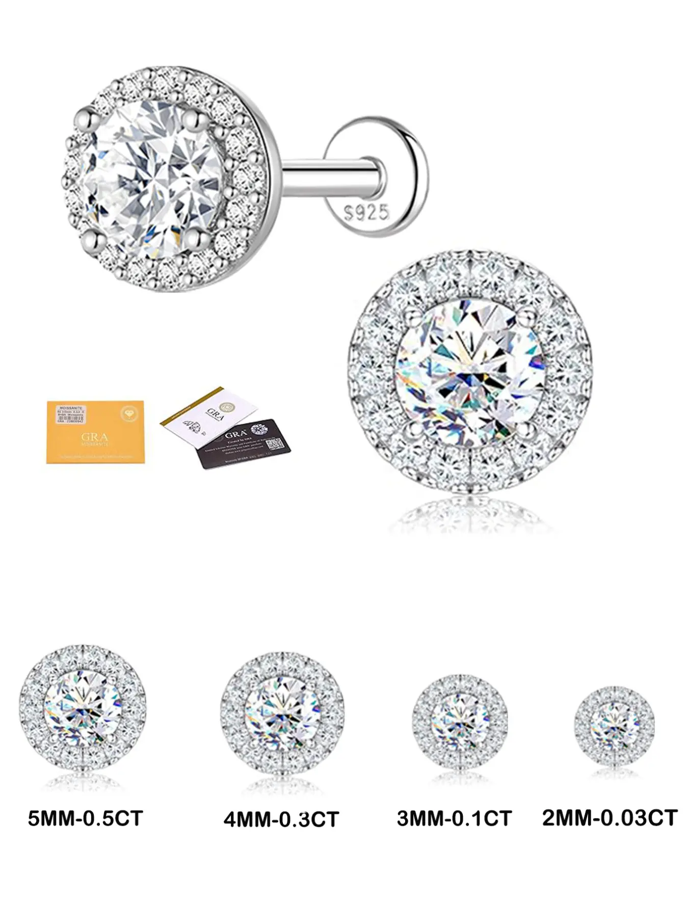 Authentic S925 Sterling Silver Moissanite Piercing Stud, Hypoallergenic Cartilage Jewelry, Trendy Studs for Women, Perfect Gift