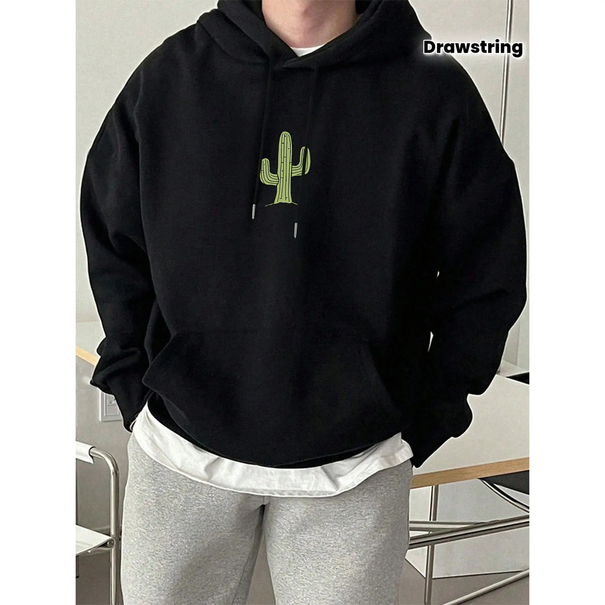 1pc 95% cotton 5% spandex pocket drawstring hoodie, "cactus" print, autumn men's hoodie, loose fit, factory made, 180g 100%
