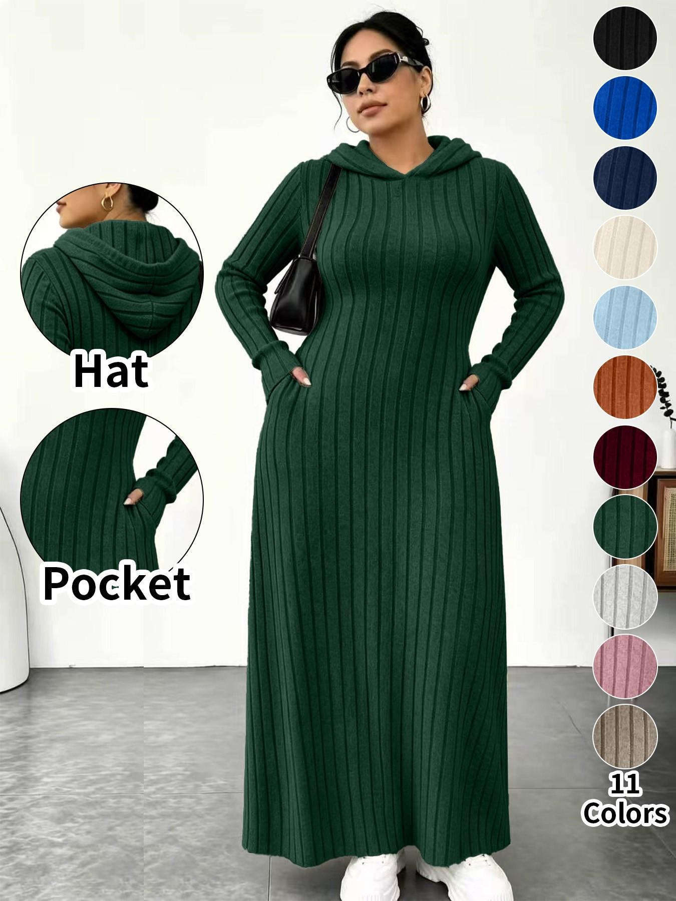 Plus Size Women's Long Knit Dress, 11 Colors Available, Slim Fit with Pockets, Micro Plus Size Slimming Hooded Top, Long Sleeve Base Layer