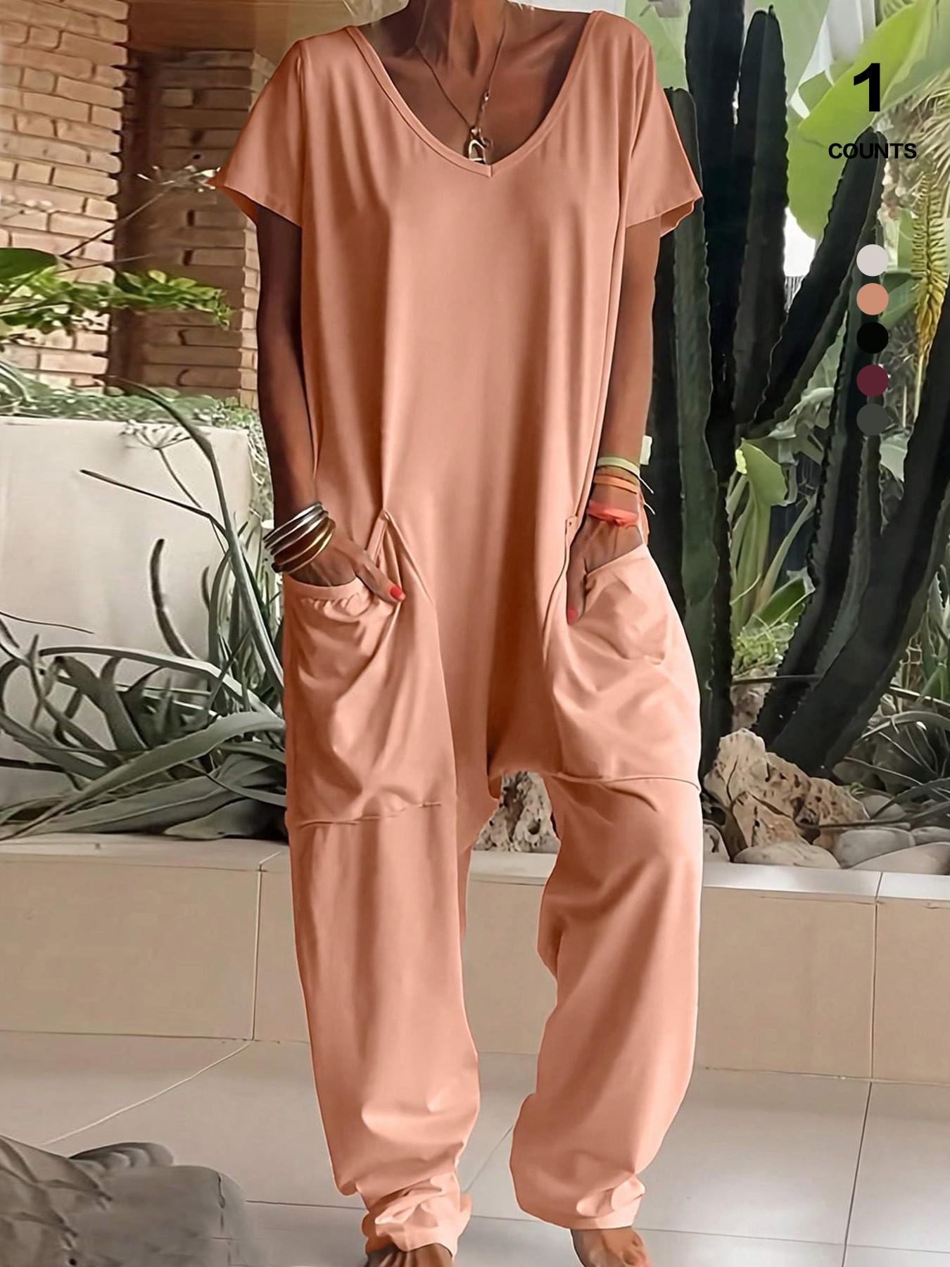 Women's Summer V-Neck Oversized Minimalist Jumpsuit, Sexy Backless Loose Fit Harem Pants, Casual Streetwear for All Seasons Womenswear