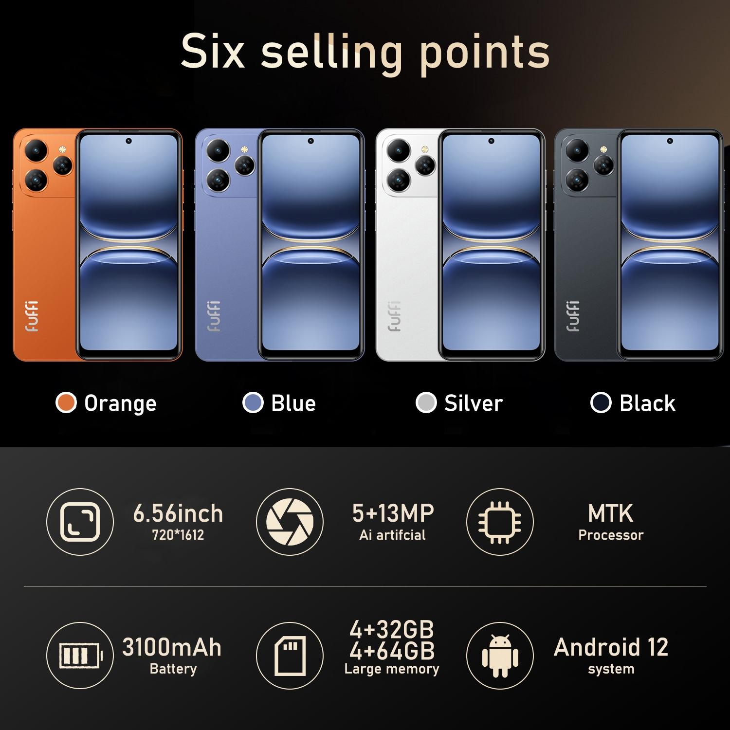 FUFFI M17 Pro Smartphone, Android Mobile Phone with 4GB RAM + 64GB ROM, 6.56-Inch Display Screen, 4G Network, 5 MP + 13 MP Camera, Dual SIM, Android 12.0, 3100mAh Battery