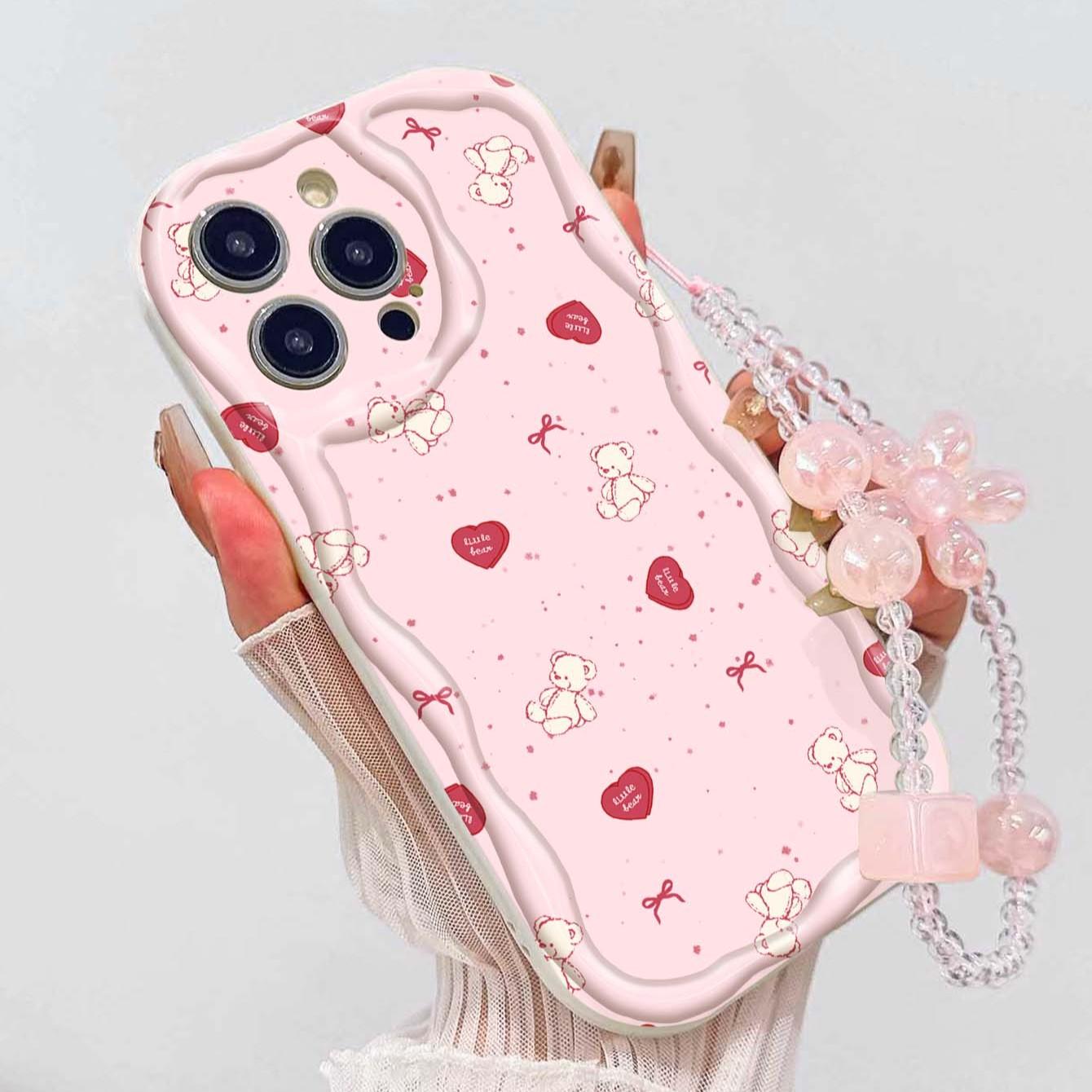 Bear Heart Lanyard Pattern Tpu Wave Edge Anti-Drop Phone Case for Apple iPhone 17 Pro Max/16/16 Pro Max/11/13/14/15, Girl's Gift