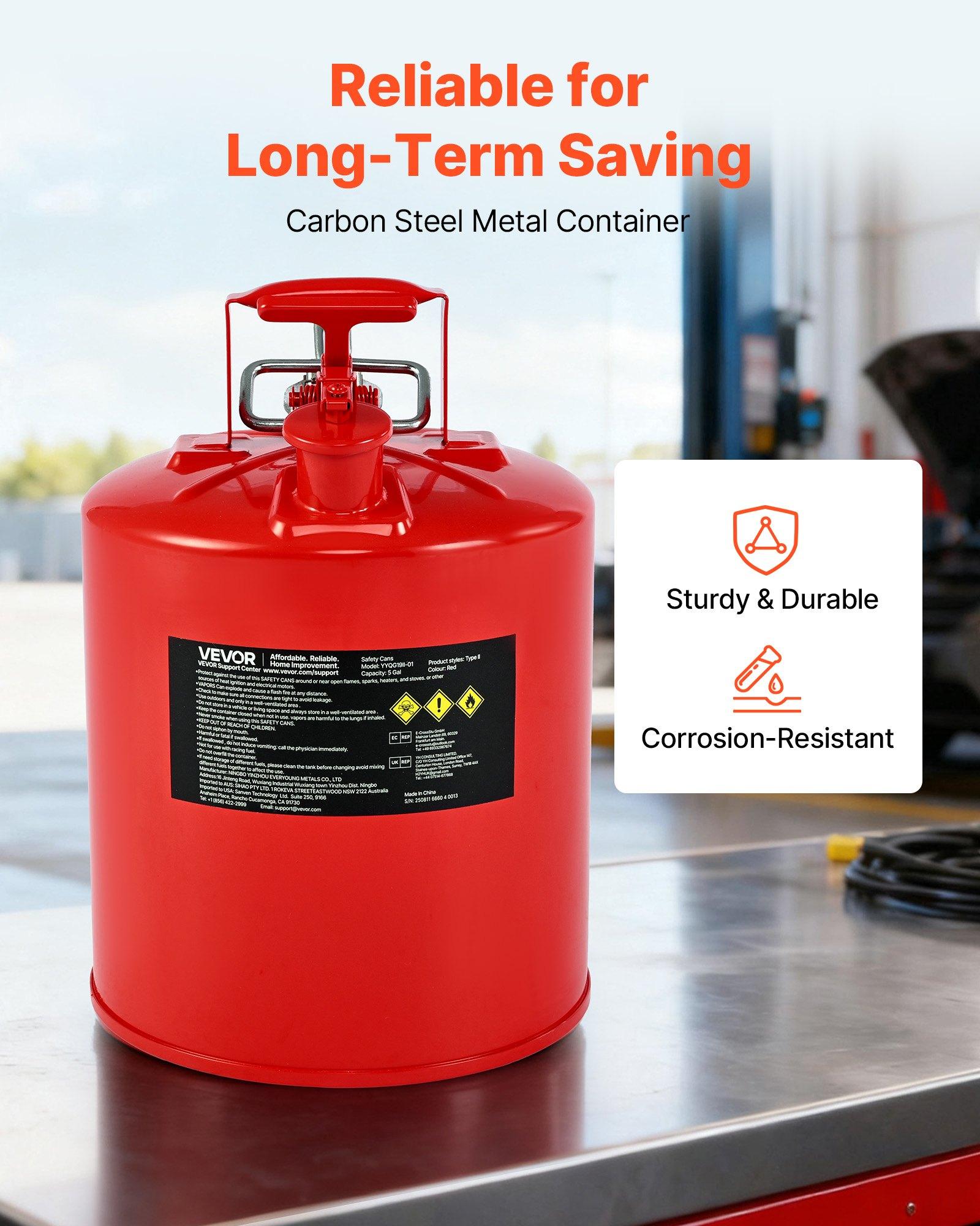 VEVOR Safety Gas Can, 5 Gallon Type II Red Safety Can for Gasoline with Stainless Steel Flame Arrester, Self-Closing Lid & Flexible Metal Spout, Carbon Steel Flammable Storage with Ergonomic Handle VEVOR Safety Gas Can, 5 Gallon Type II Red Safety Can for Gasoline with Stainless Steel Flame Arrester, Self-Closing Lid & Flexible Metal Spout, Carbon Steel Flammable Storage with Ergonomic Handle