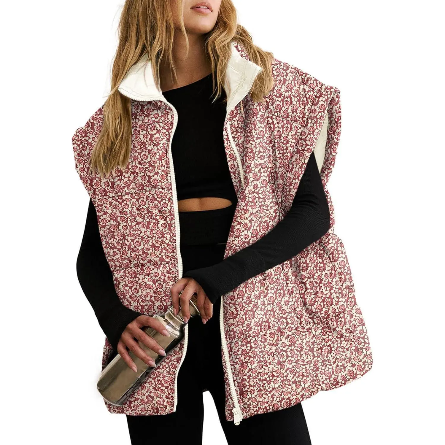 FMEYOA Womens Floral Oversized Puffer Vest Cap Sleeve Winter Warm Puffy Quilted Jackets Coat