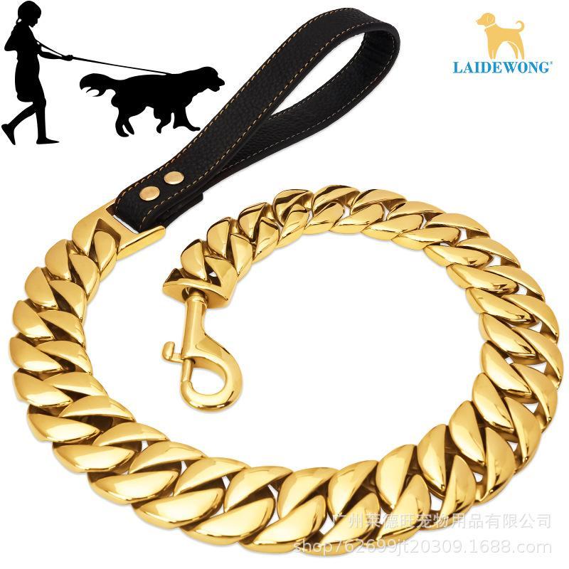 Heavy Duty Stainless Steel Dog Leash with Leather Handle, Chew Proof Cuban Link Metal Chain Lead for Medium Large Dogs, Strong Walking Pet Leash