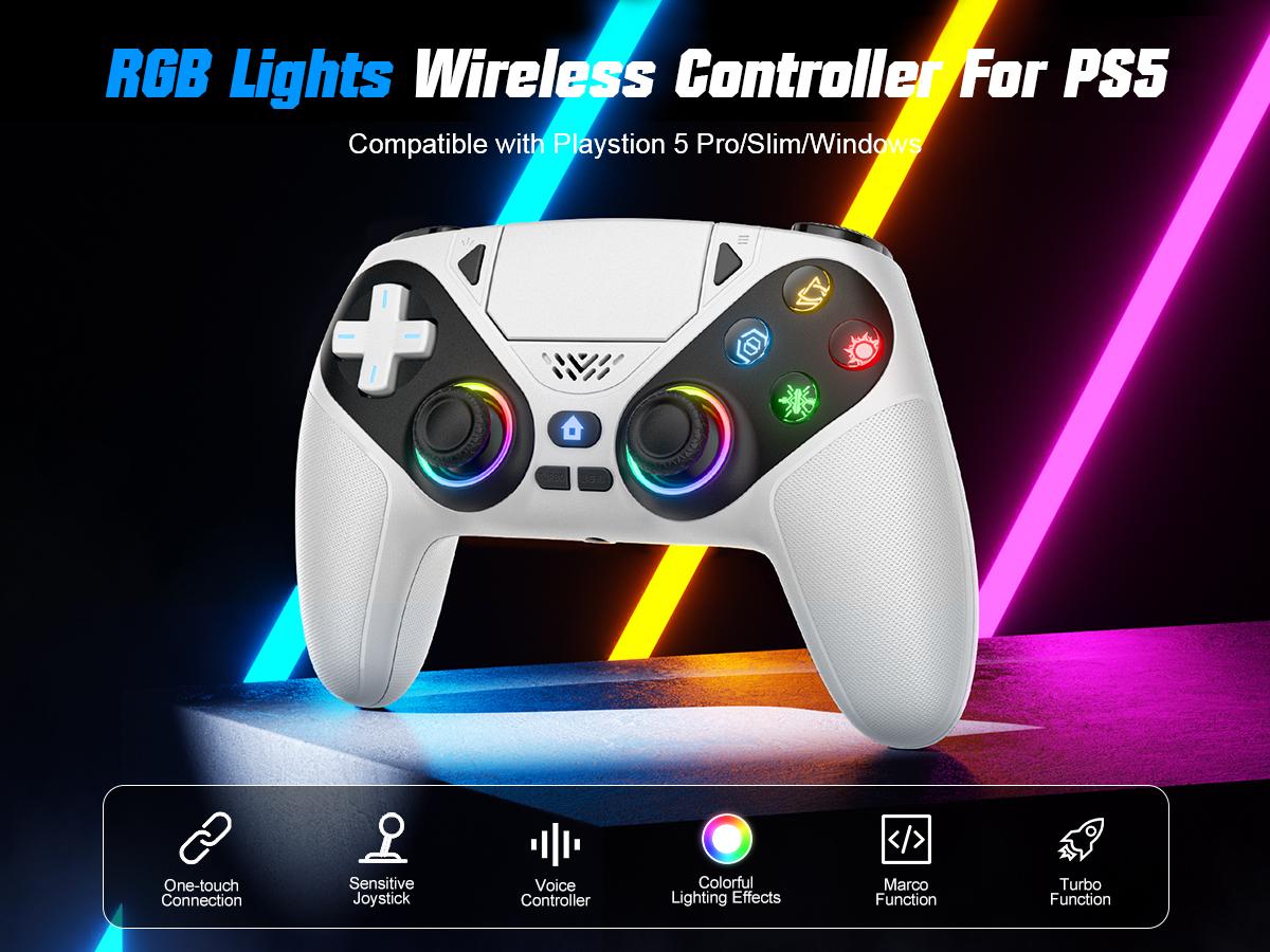 Anti-Drift Calibration Guide Wireless Gaming Controller Pro for PS5 with LED RGB Light– Compatible with Playstation 5,Dual Vibration, Motion Sensing, Programmable Buttons & 1000mAh Fast-Charging Battery