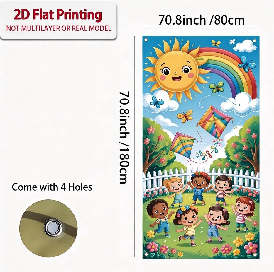 2D Flat Happy Kids Spring Summer Door Banner, Cartoon Sun Rainbow Kite Garden Backdrop, Kids Birthday Party Classroom Decor