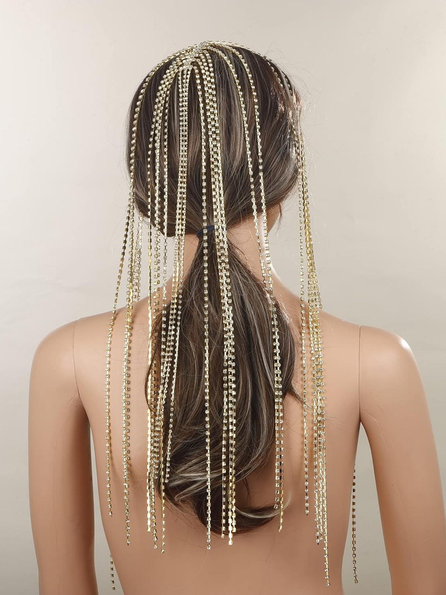 Elegant Silver Color Tennis Chain Headband with Rhinestones and Long Tassels, Crystal Hair Band for Wedding Bride Party Ball Gown